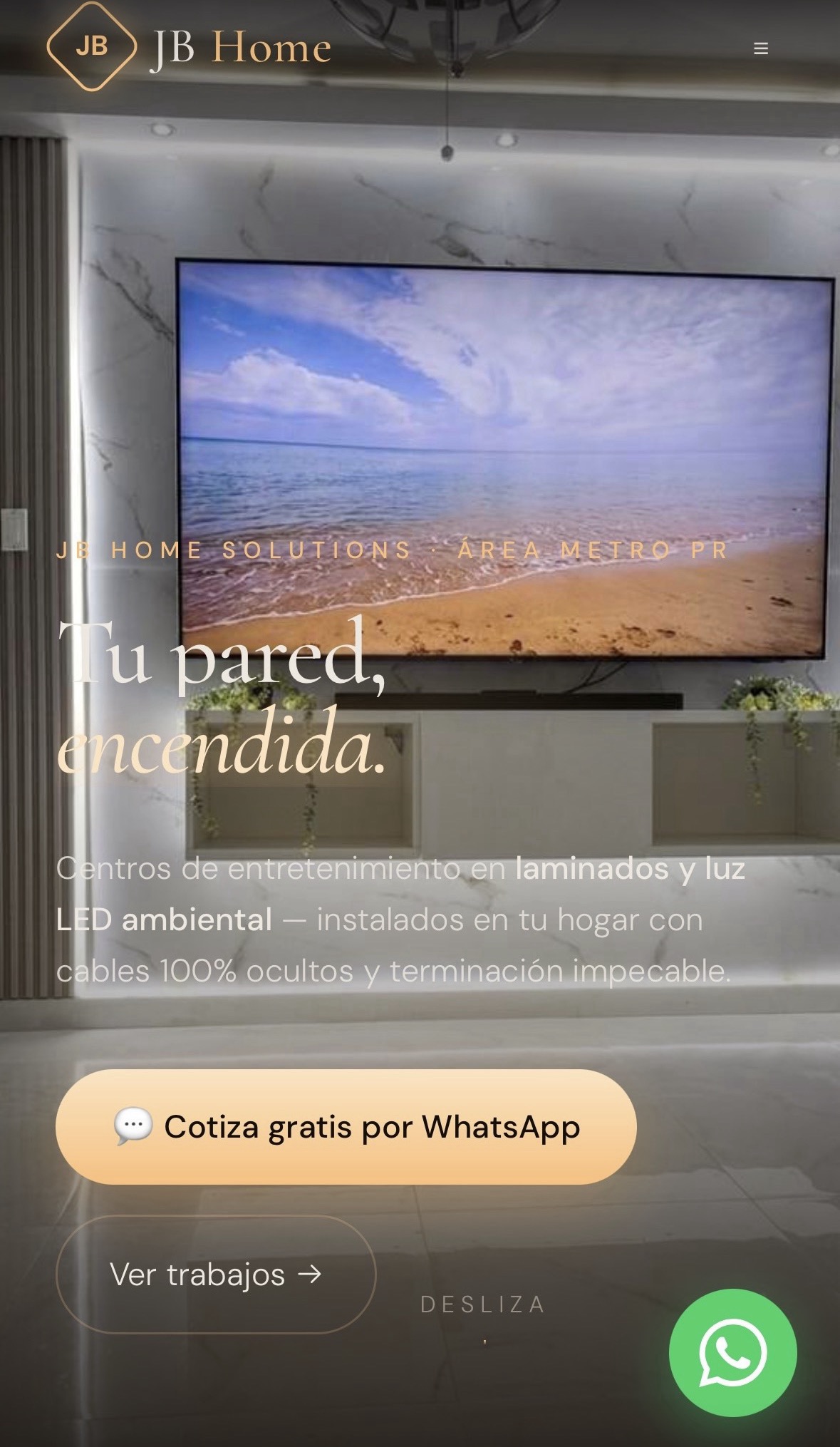 JB Home Solutions — centro de entretenimiento con panel laminado y luz LED